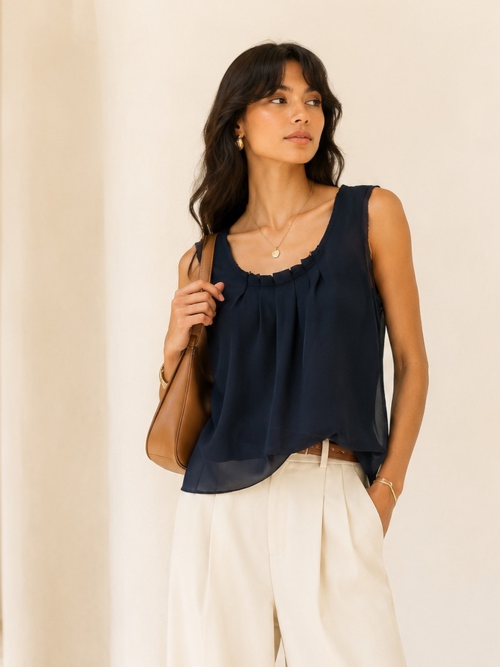 Tory Burch Navy Silk Pleated Blouse Quiet Luxury Editorial Sz 12